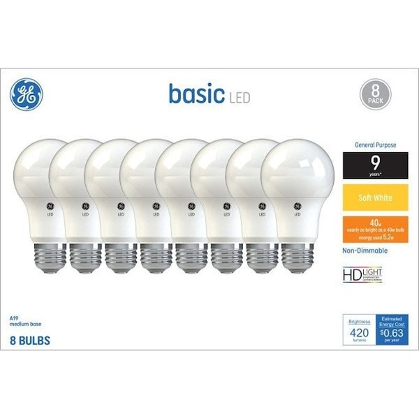 Ge LED Light Bulb, A19 Lamp, 40 W Equivalent, E26 Medium Screw Lamp Base, No, Diffuse, Soft White, 8PK 37033 - main