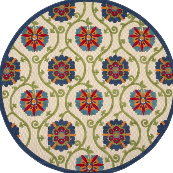 Homeroots 8' Navy Blue Beige Green Blue And Red Round Floral Indoor Outdoor Area Rug 546784 - main