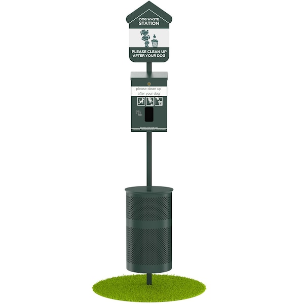 Furloo Pet Waste Station Kit with Header Bag Dispenser, 11.5 Gallon Can, Glow-in-the-Dark, Steel, Green FLO1H-S-G - main