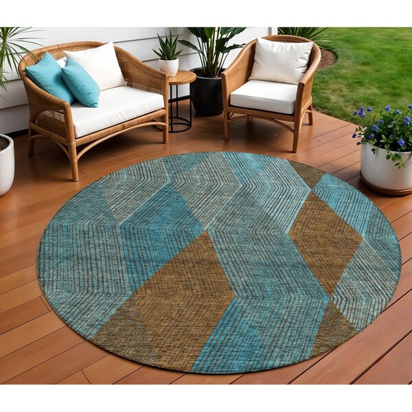 Homeroots 8' Teal Blue Aqua And Brown Round Argyle Washable Indoor Outdoor Area Rug 613737 - main