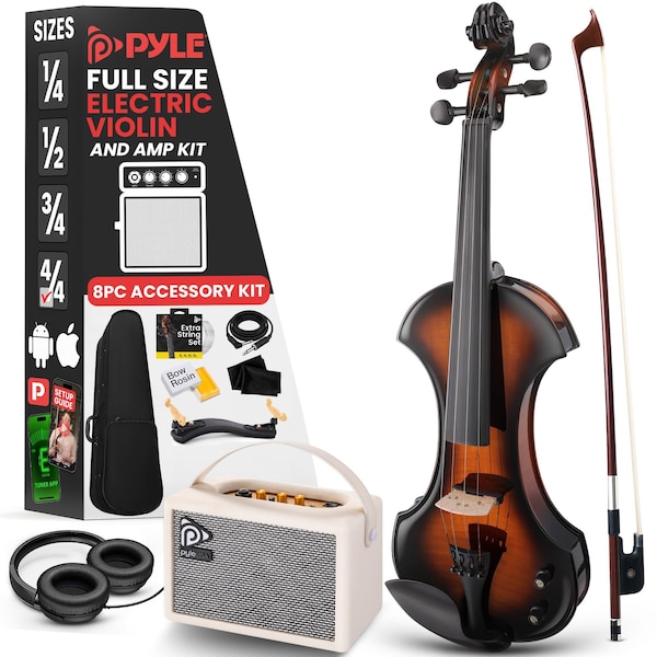 Pyle 4/4 Silent Electric Violin with Amplifier Kit, Solid Wood Fiddle with 10W Amp and Complete PEGVLNKT4010 - main