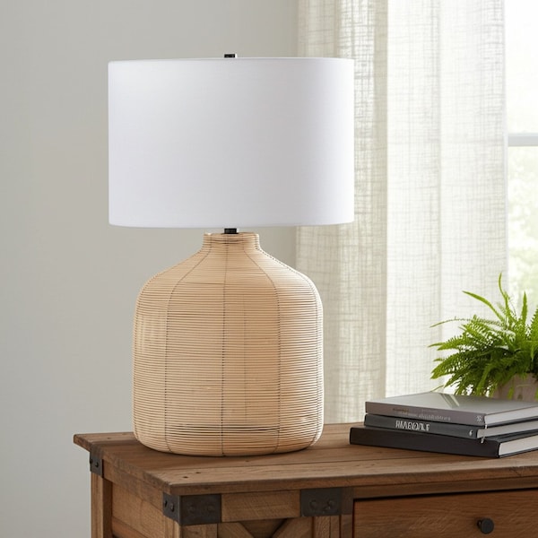 Homeroots 27" Natural Rattan Table Lamp With White Drum Shade 524436 - main