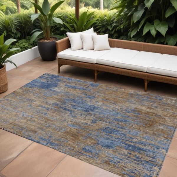 Homeroots 9' X 12' Navy Blue And Brown Abstract Washable Indoor Outdoor Area Rug 603597 - main