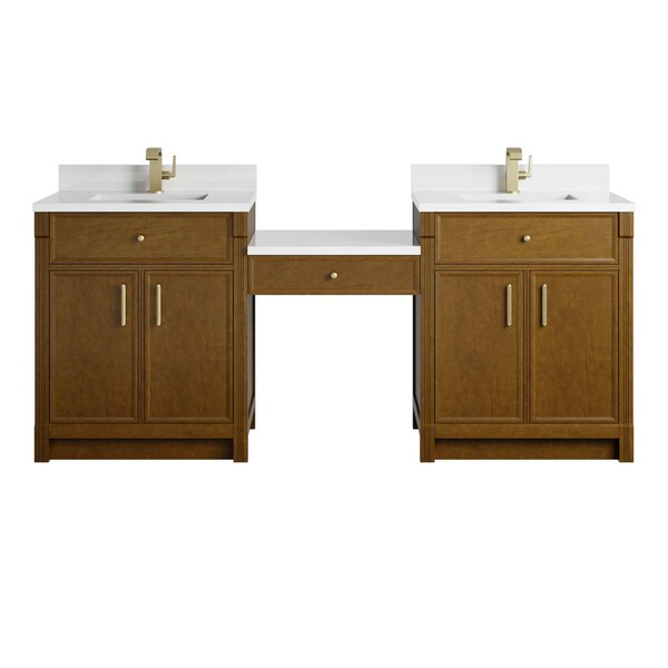 James Martin Vanities Bellshire 84" Dual Vanity Set w/24" Make-Up Counter, Honey Oak w/Sgl Hole 3 cm White Zeus Silestone 660-VMC84-HNO-1WZ - main