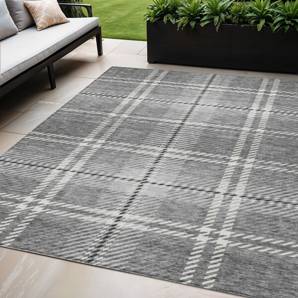 Homeroots 5' X 8' Gray Black And Ivory Plaid Washable Indoor Outdoor Area Rug 596340 - main