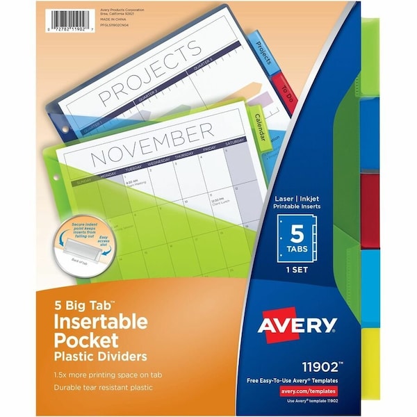 Avery Plastic Pocket Insertable Tab Dividers, Assorted, 5 Tabs/Set 11902 - main