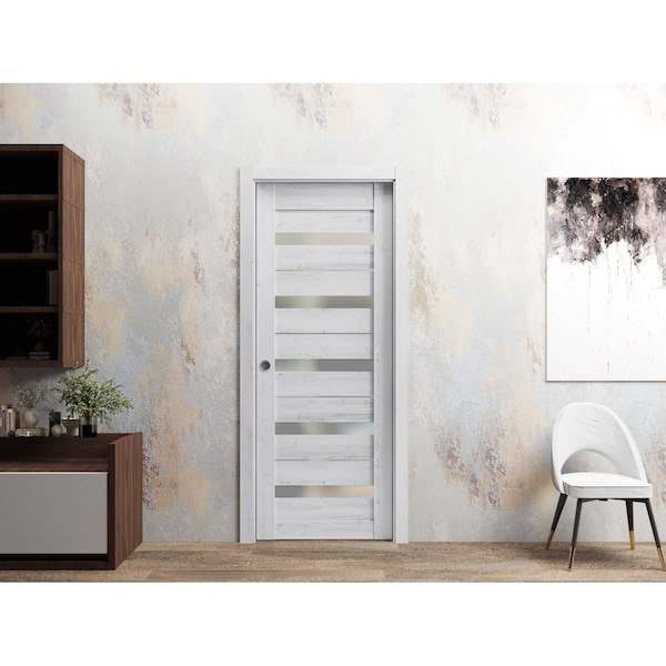 Sartodoors Sliding French Pocket Door 18 x 80in, Nordic White W/ Frosted Glass, Kit Trims Rail Hardware QUADRO4445PD-NOR-18 - main