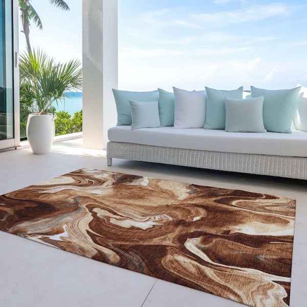 Homeroots 9' X 12' Orange Copper And Ivory Abstract Washable Indoor Outdoor Area Rug 587486 - main