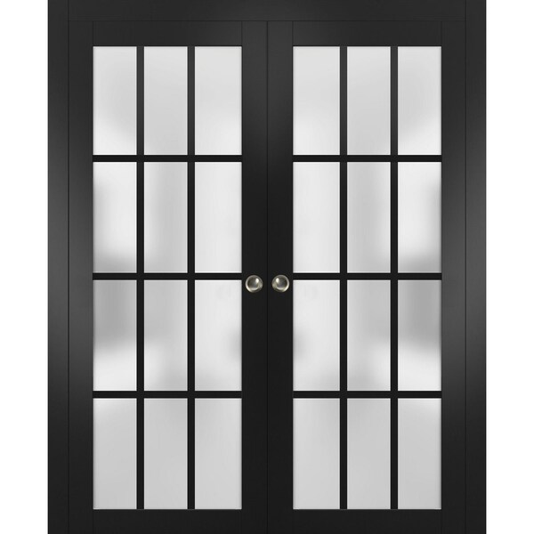 Sartodoors Sliding French Double Pocket Doors Frosted Glass 12 Lites, Felicia 3312 Matte Black, Kit Trims Rai FELICIA3312DP-BLK-4884 - main
