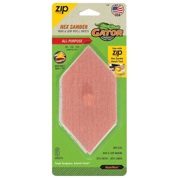 Gator Finishing Zip Hex Sander Hook and Loop Refill Sheets, Assorted Grit, 6PK 7187 - main