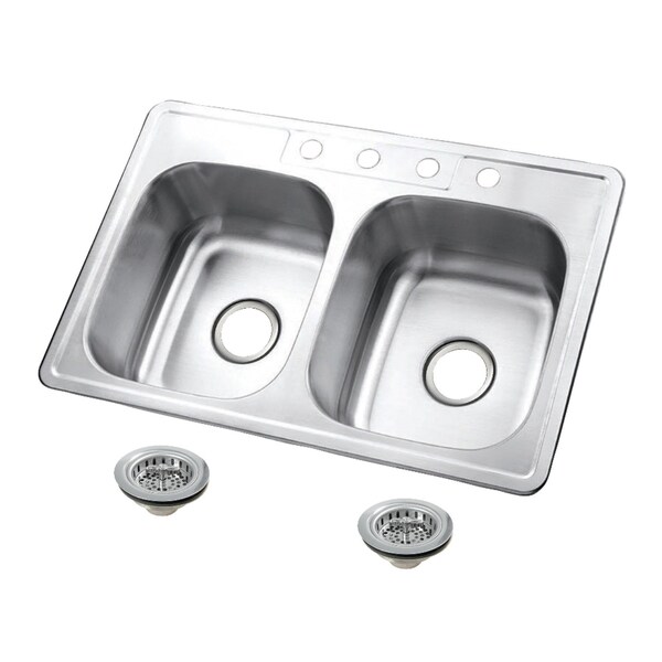 Kingston Brass 33-Inch Stainless Steel Self-Rimming Double Bowl Drop-In Kitchen Sink, 4-Hole with Strainer KGKTD332271 - main