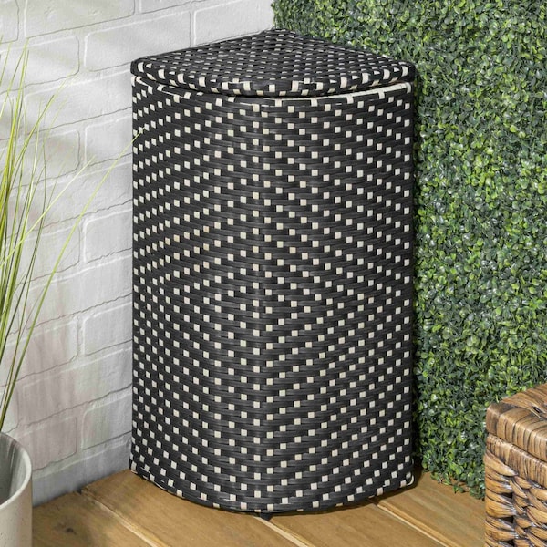 Happimess Chloe 15.56-Gallon All-Weather Wicker/Metal Corner Hideaway Outdoor Trash Can, Dark Navy/White HPM1200E - main