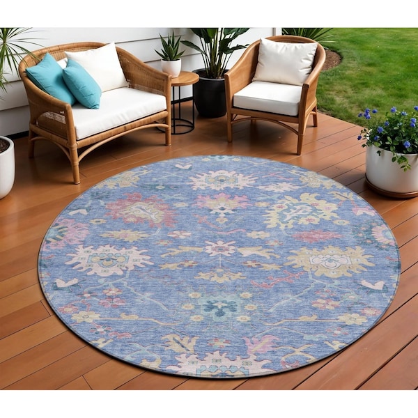 Homeroots 8' Blue Pink And Ivory Round Floral Washable Indoor Outdoor Area Rug 605309 - main