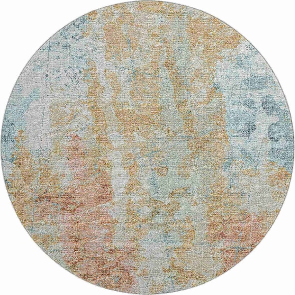 Homeroots 8' Ivory Blue And Gold Round Abstract Washable Indoor Outdoor Area Rug 643627 - main