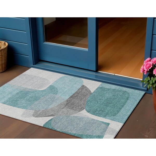Homeroots 3' X 5' Teal Blue And Gray Abstract Washable Indoor Outdoor Area Rug 632185 - main