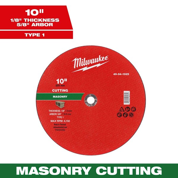 Milwaukee Tool Cut-Off Wheel, 5/8" Sz, 10" dia. 49-94-1925 - main