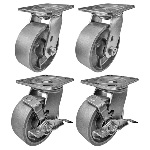 Hyw Products Heavy Duty Caster Set 5in Steel Wheels, 2 Swivel & 2 Swivel with Brake, 4PK 40-50S-A1-SS-2,40-50S-A1-SS-TB-2 - main
