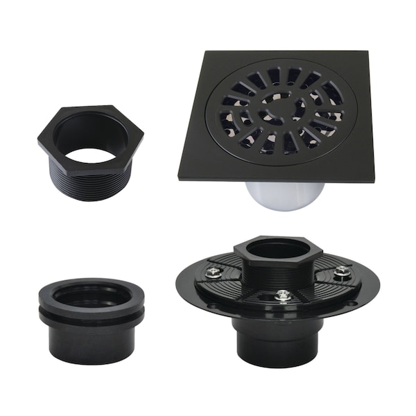 Kingston Brass 4" Brass Square Grid Shower Drain with Flange, Matte Black BSFK4267MB - main