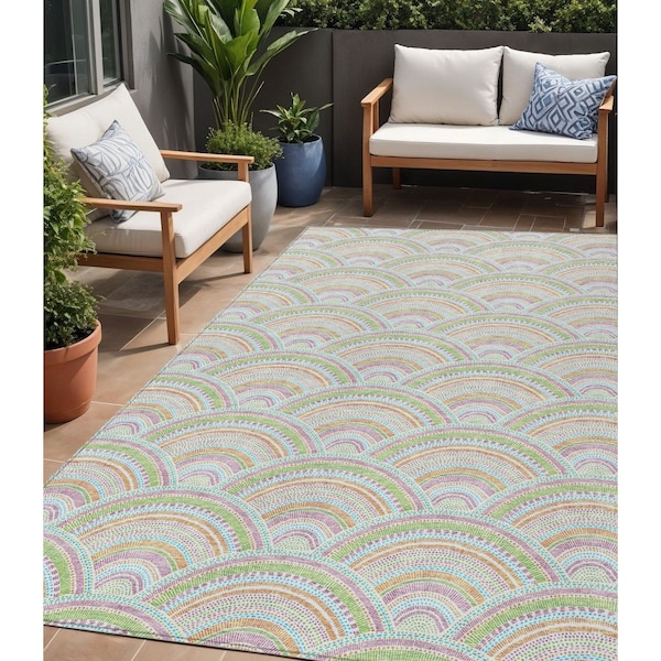 Homeroots 5' X 8' Pearl Orange And Purple Geometric Washable Indoor Outdoor Area Rug 615225 - main