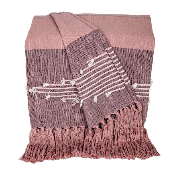 Homeroots 50" X 60" Pink Woven Cotton Striped Throw Blanket with Tassels and Embroidery 548936 - main