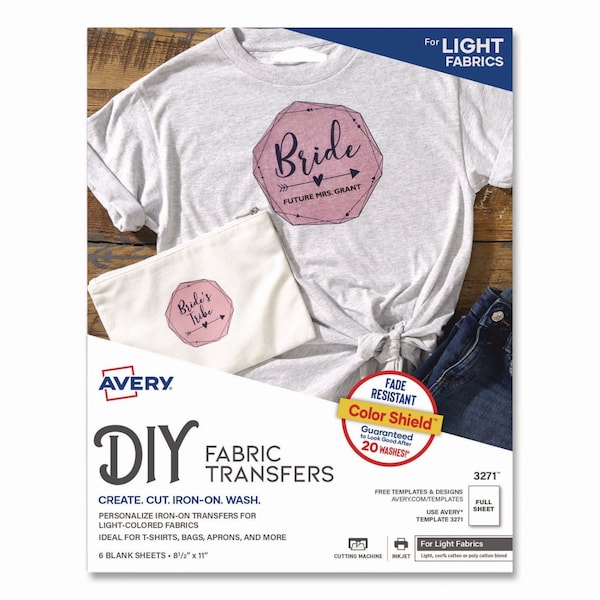 Avery Fabric Transfers, For Light-Colored Fabrics, 8.5 x 11, White, 6PK 03271 - main