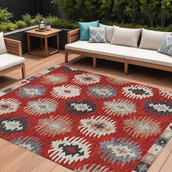 Homeroots 8' X 10' Red Ivory And Salmon Southwestern Washable Indoor Outdoor Area Rug 615167 - main