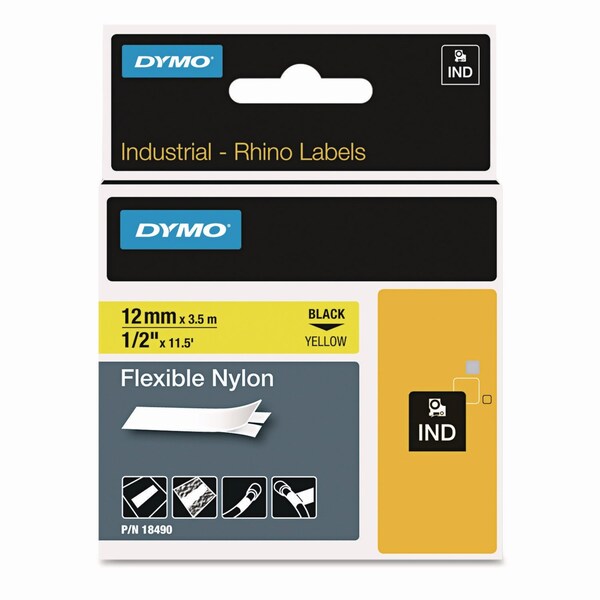 Dymo Rhino Flexible Nylon Industrial Label Tape, 0.5" x 11.5 ft, Yellow/Black Print 18490 - main