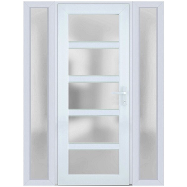 Vdomdoors Front Exterior Prehung FiberGlass Door Frosted Glass / Manux 8002 White Silk / 2 Sidelight Exterior MANUX8002EXD-WS-W14+30+14 x H80-LH - main