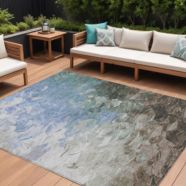 Homeroots 9' X 12' Denim Blue Taupe And Ivory Abstract Washable Indoor Outdoor Area Rug 617351 - main