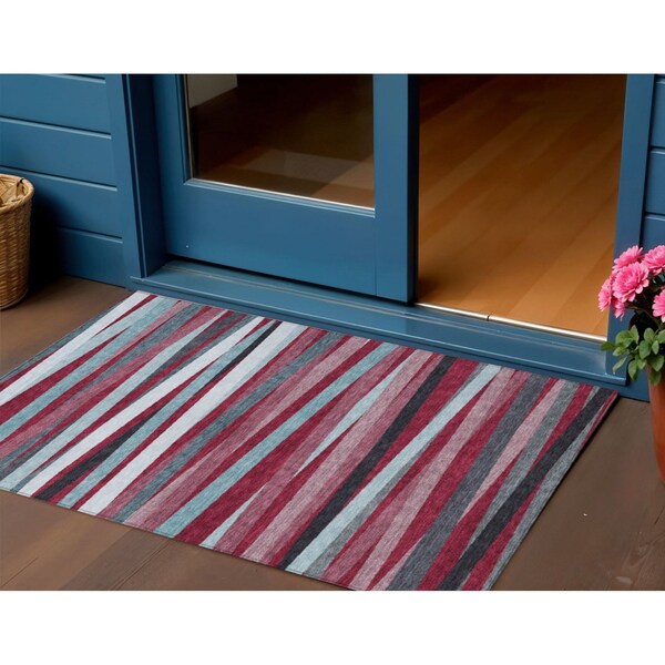 Homeroots 3' X 5' Burgundy Ivory And Blue Striped Washable Indoor Outdoor Area Rug 597307 - main