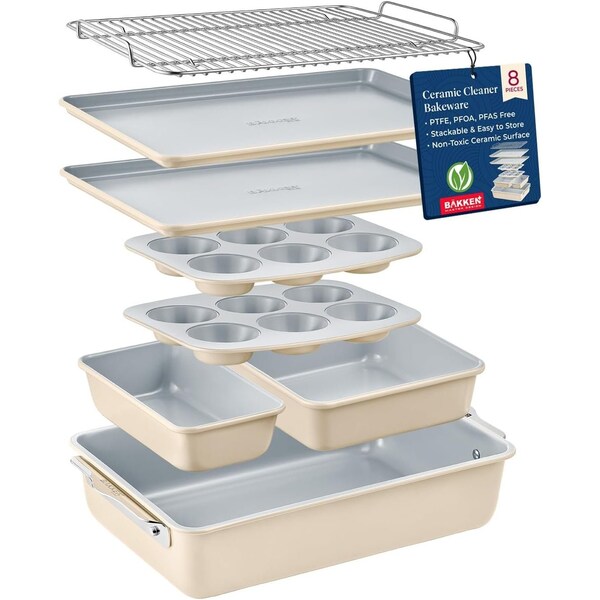Bakken-Swiss Bakken 8-Piece Stackable Bakeware Set, Ceramic Non-Stick, PTFE, PFOA and PFOS Free, Oven-Safe BKCRSTBKCRM - main