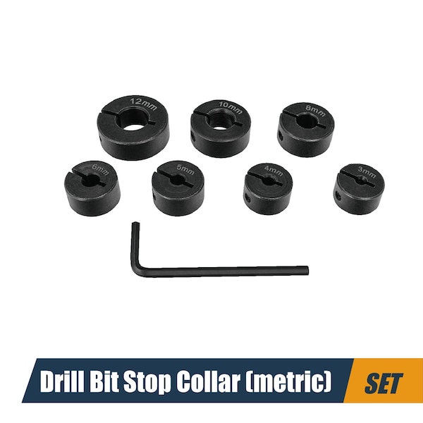 Powertec 7 Piece Drill Bit Stop Collar Set, Adjustable Drill Bit Depth Stopper w/ M4 Allen Wrench Mertic Set 71492 - main