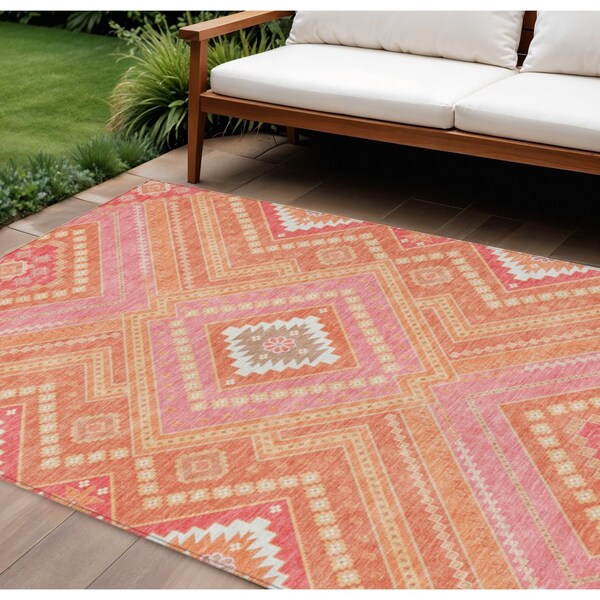Homeroots 9' X 12' Coral Pink And Ivory Tribal Washable Indoor Outdoor Area Rug 598116 - main