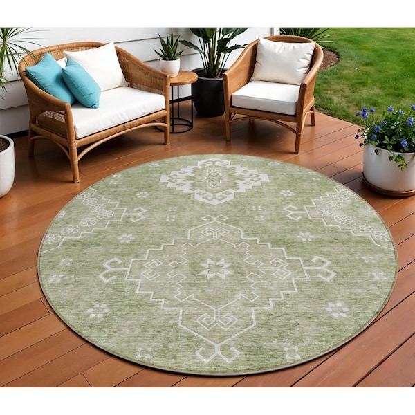 Homeroots 8' Artichoke Green Beige And Ivory Round Medallion Washable Indoor Outdoor Area Rug 589022 - main