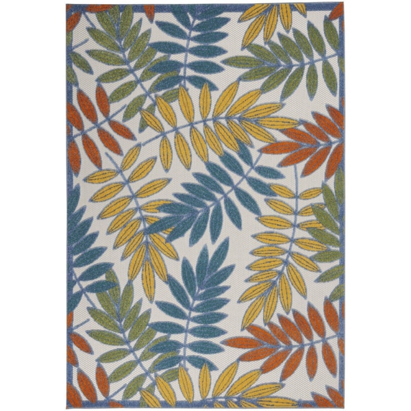 Homeroots 5' X 8' Ivory Yellow Orange Green And Blue Botanical Leaves Indoor Outdoor Area Rug 546675 - main