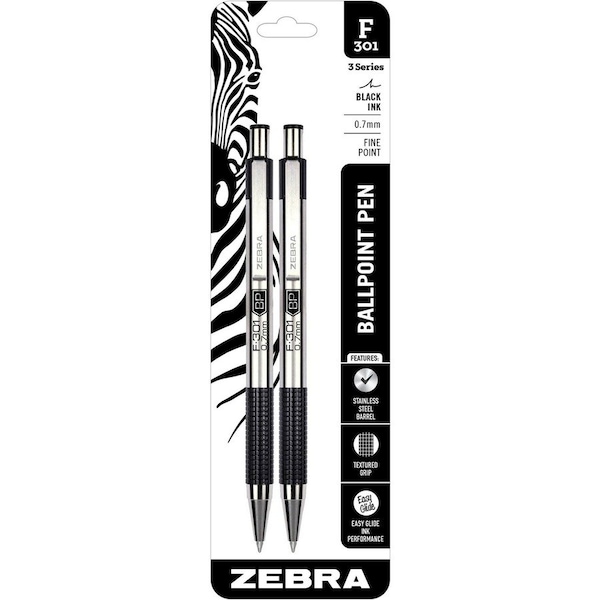 Zebra Pen BCA F301 Stainless Steel Ballpoint Pens, Black, 2PK ZEB27112 - main