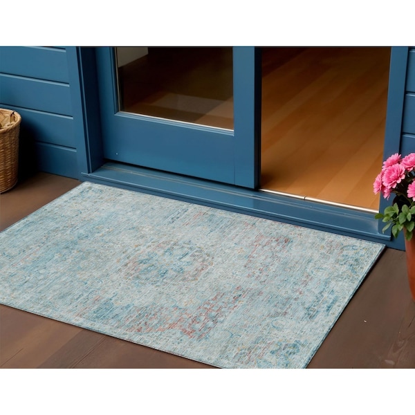 Homeroots 3' X 5' Sky Blue And Blush Medallion Washable Indoor Outdoor Area Rug 615740 - main