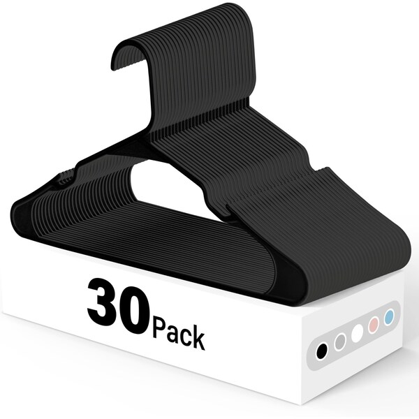 Simple Deluxe Lightweight Plastic Hangers, Space Saving Clothes Hangers with Non-Slip Shoulder Notches, Black, 30PK HIHANGPLASTB01X30 - main