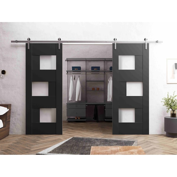 Vdomdoors Sturdy Dbl Barn Door 36 x 80in, Matte Black W/ Frosted Glass, SS 13FT Rail Hangers Heavy Set SETE6933DB-S-BLK-36 - main