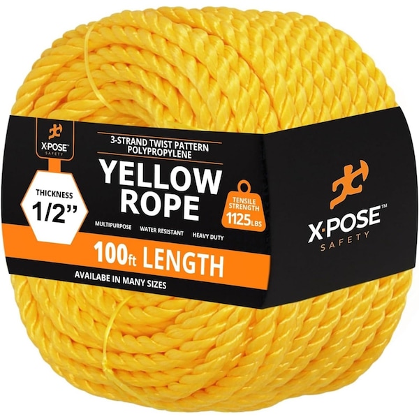 Xpose Safety 1/2in x 100 ft Twisted Polypropylene Rope, Yellow YPR12-100-X - main