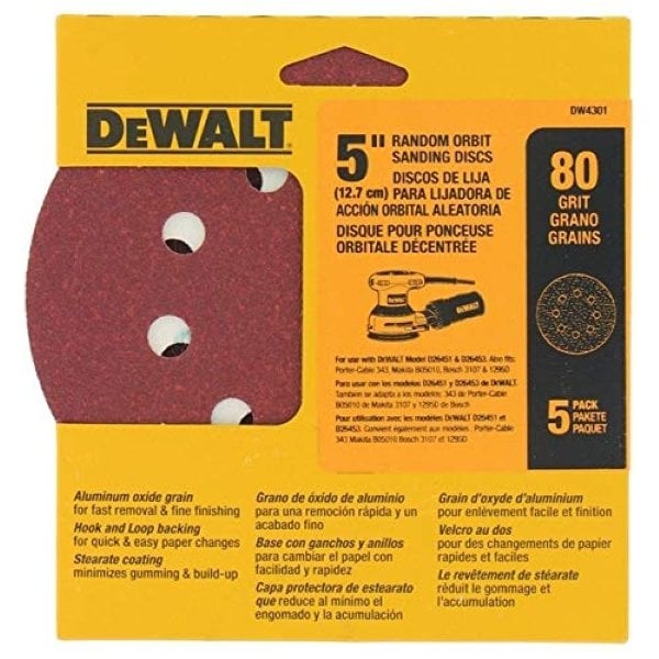 Dewalt 5in. 8 Hole 80G H&L Rand Orbital Sandpaper, 5PK DW4301 - main