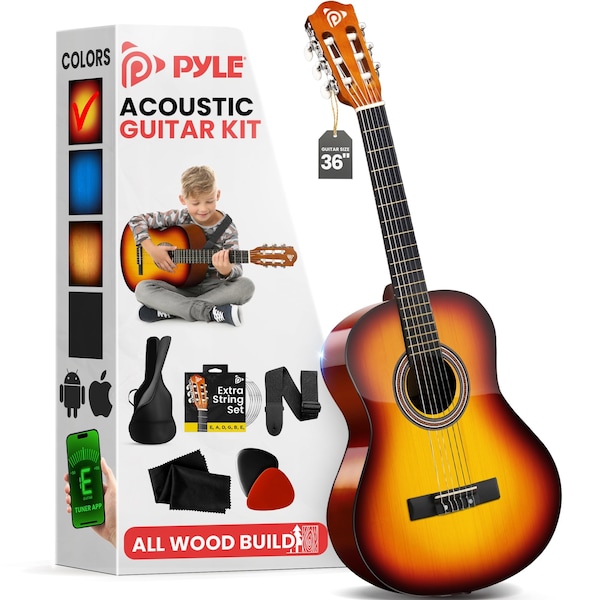 Pyle Beginner Acoustic Guitar Kit, 3/4 Junior Size All Wood Instrument with Full Accessory Kit, Picks PGACLS82BB - main