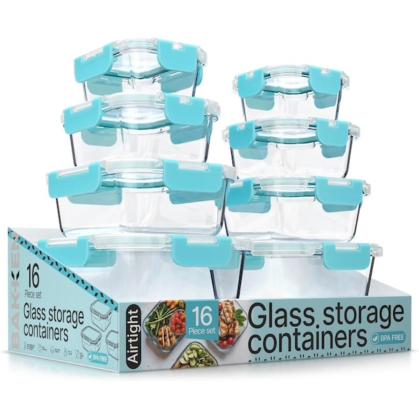 Bakkenmaster Borosilicate Glass Food Storage Containers with Lids, BPA-Free, Airtight and Leak-Proof, Aqua, 16PK EMPGFCL448AQ - main