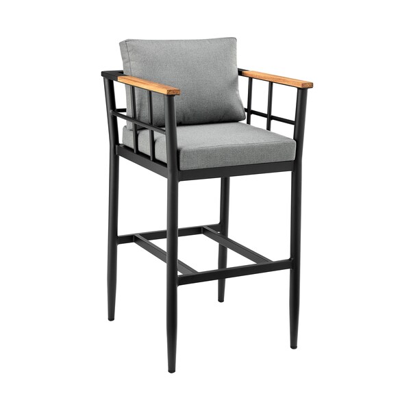 Armen Living Orlando Outdoor Patio Counter Height Bar Stool in Aluminum and Teak with Gray Cushions LCOOBLGR26 - main