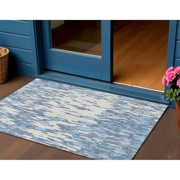 Homeroots 3' X 5' Denim Blue And Ivory Abstract Washable Indoor Outdoor Area Rug 612647 - main