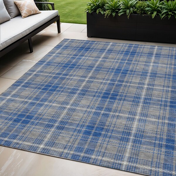 Homeroots 5' X 8' Gray Blue And Ivory Plaid Washable Indoor Outdoor Area Rug 597106 - main