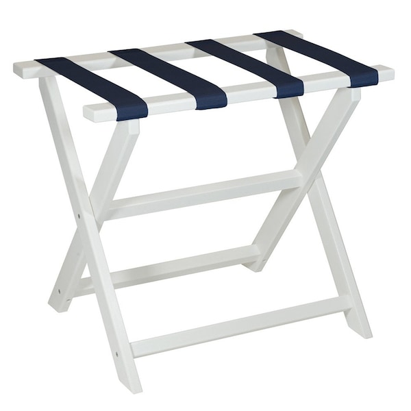 Homeroots Earth Friendly White Folding Luggage Rack With Navy Straps 383088 - main