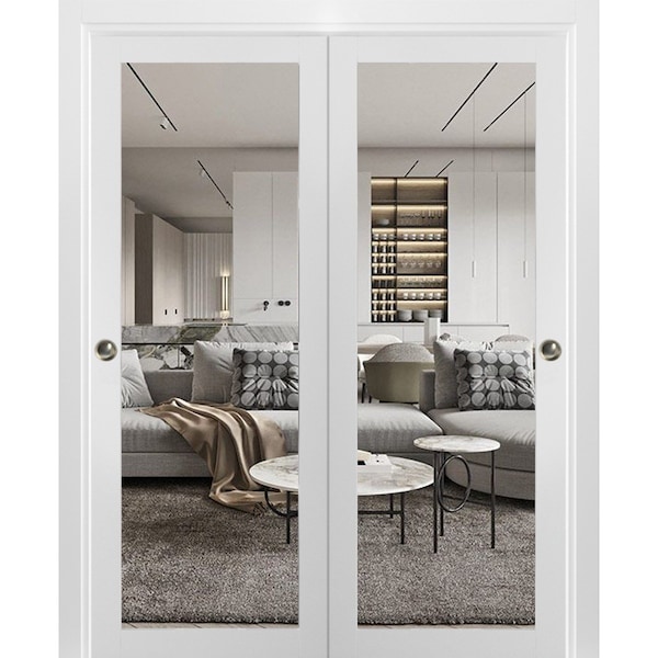 Sartodoors Sliding Closet Bypass Doors with Clear Glass, Lucia 2166 White Silk, Sturdy Rails Moldings Trims H LUCIA2166DBD-WS-3696 - main