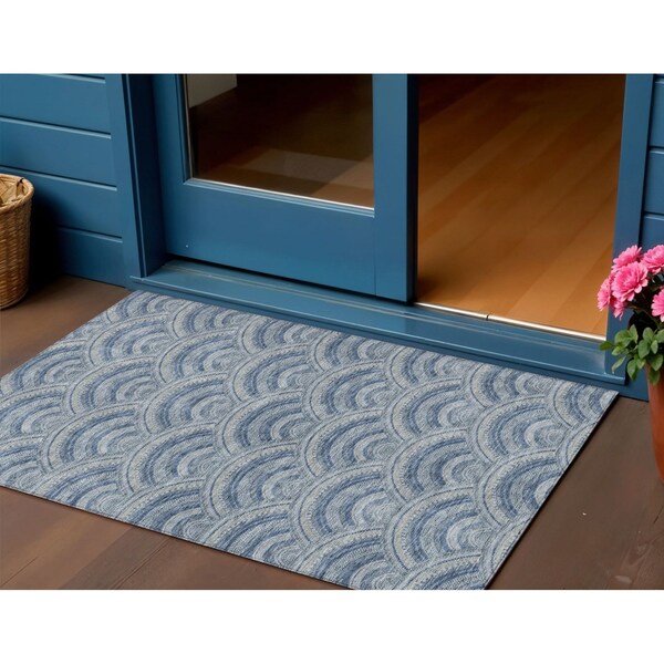 Homeroots 3' X 5' Denim Blue Navy Blue And Ivory Geometric Washable Indoor Outdoor Area Rug 615194 - main