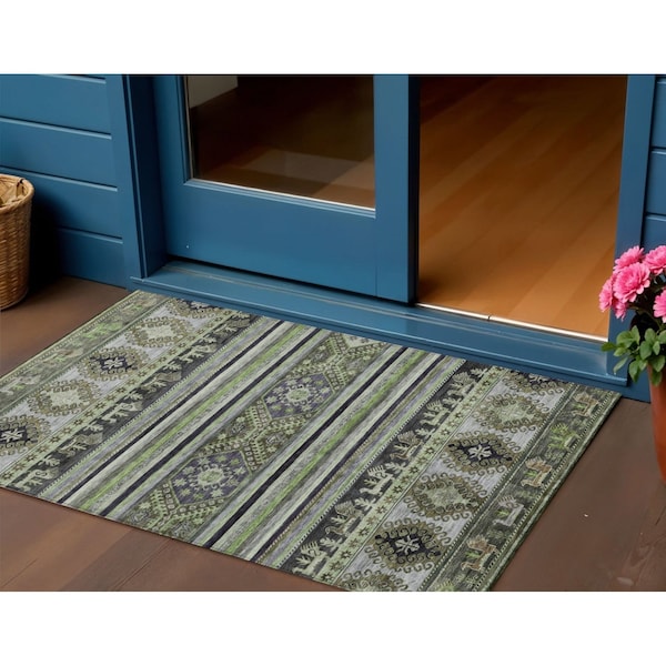 Homeroots 3' X 5' Fern Green Taupe And Ivory Tribal Washable Indoor Outdoor Area Rug 615410 - main